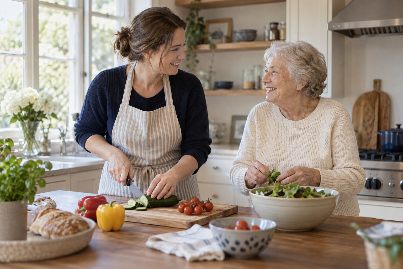 Caregiver and older adult preparing food